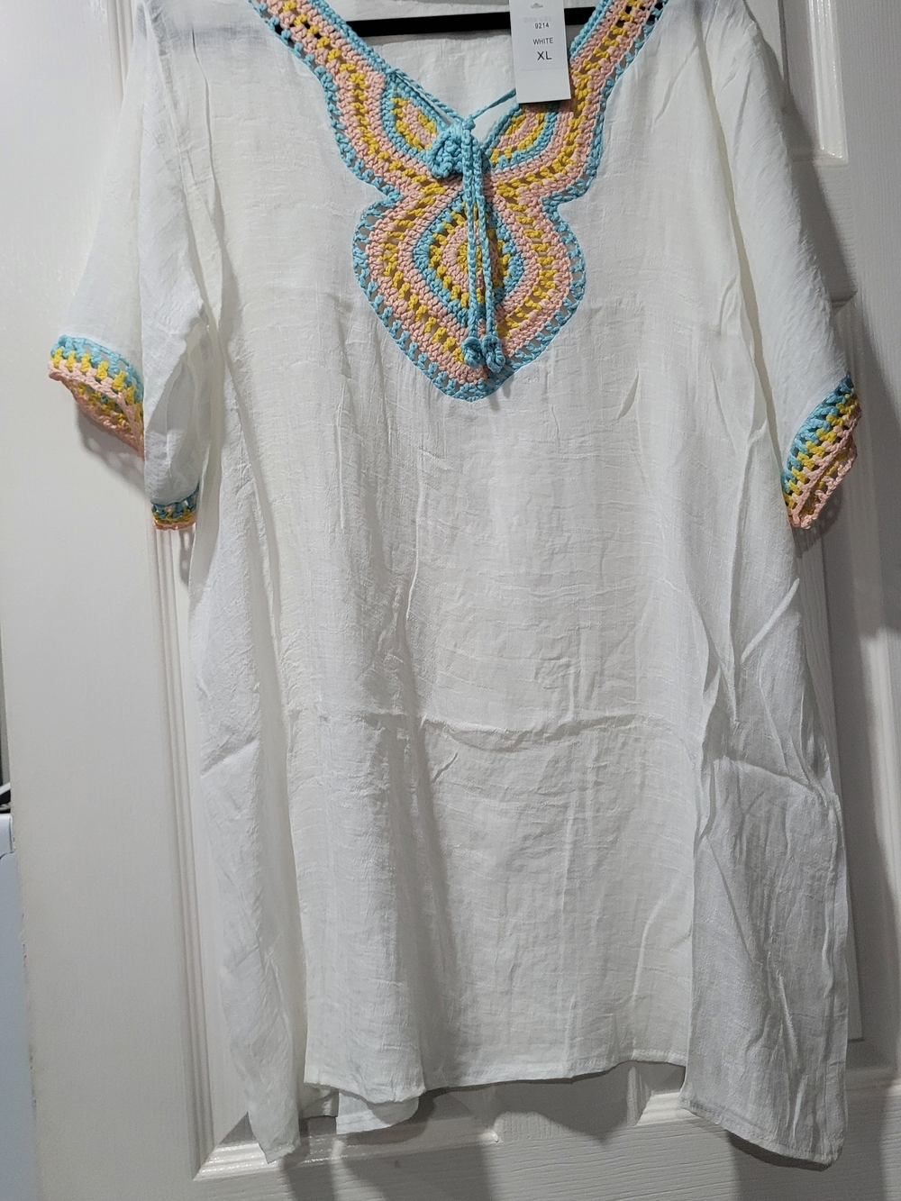 Boho Crochet-Trim White Tunic Top - Pastel Accents